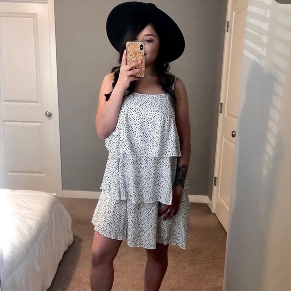 White Polka Dot Sleeveless Tiered Ruffle Dress Size S